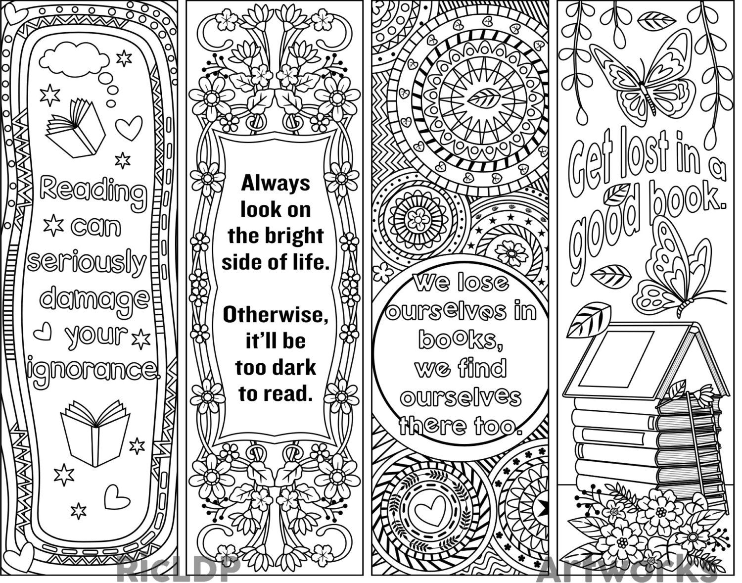 Set Of 4 Coloring Bookmarks With Quotes Plus The Colored 