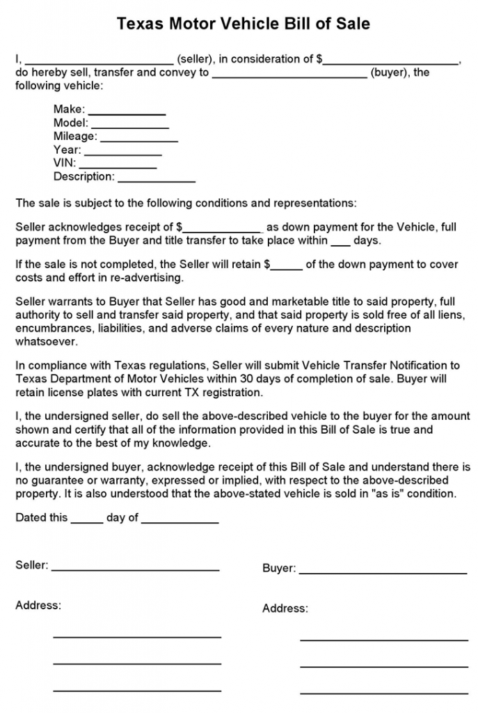 Texas Motor Vehicle Bill Of Sale Form Download The Free