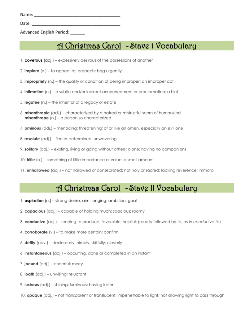A Christmas Carol Stave 1 Vocabulary