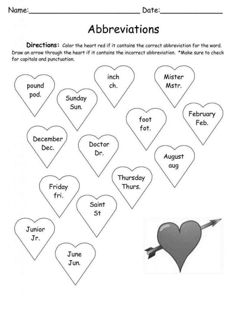 Abbreviations Valentines Holiday Worksheet Holiday