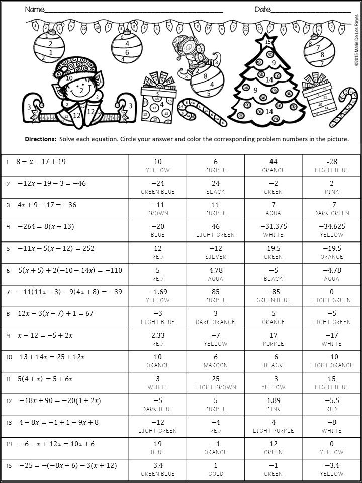 Algebra Coloring Activity Christmas Themed Solving 