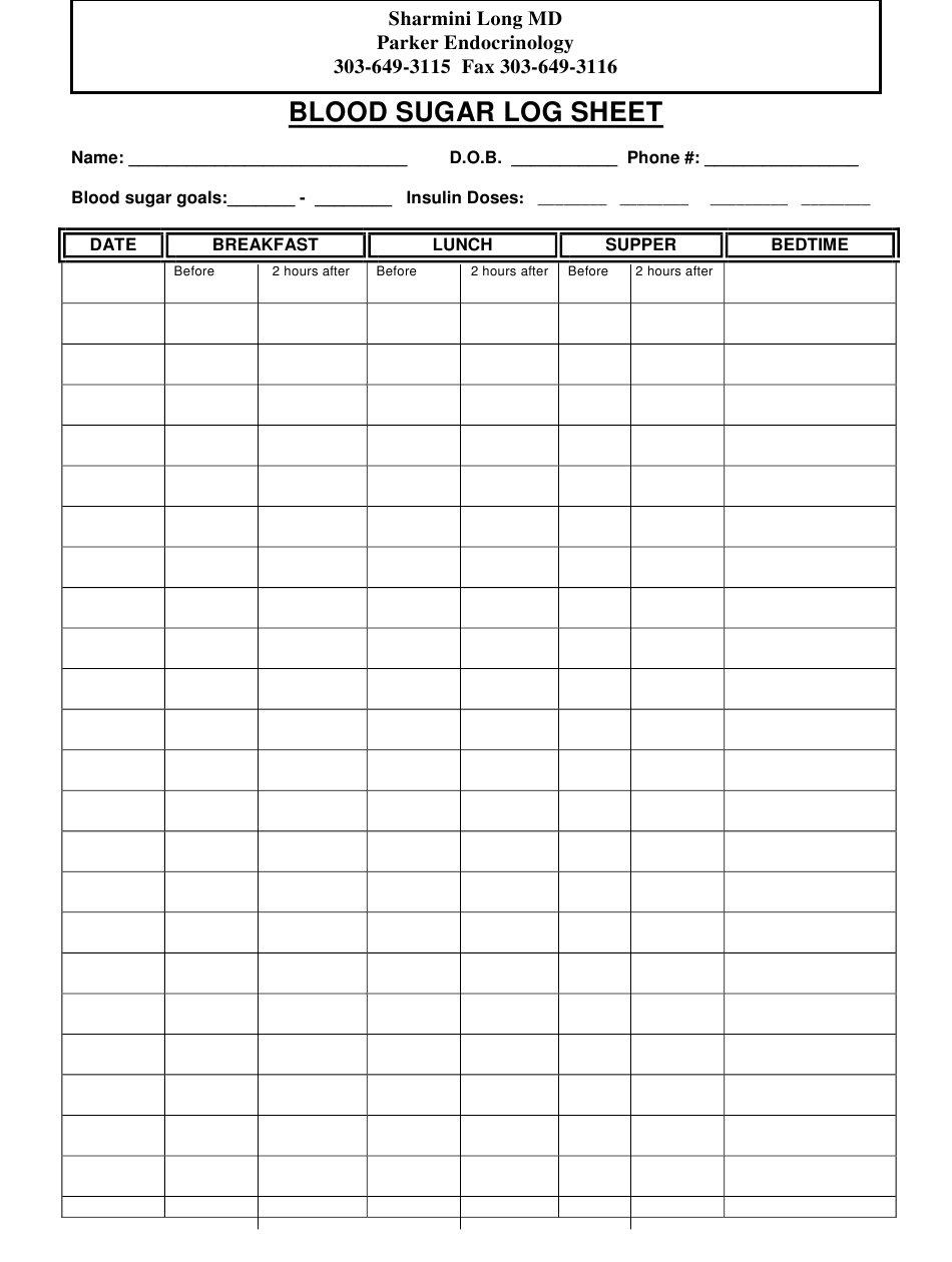 Blood Sugar Log Sheet Parker Endocrinology Download 