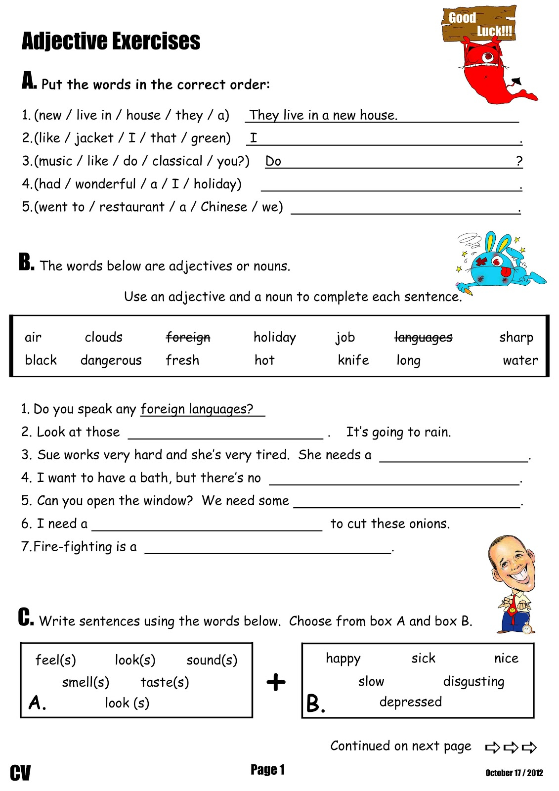 Canadian Voice English School Nagano Adjective Worksheet