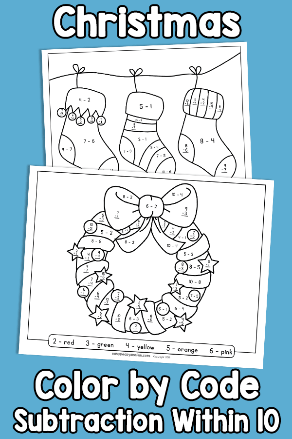 Christmas Color By Code Subtraction Within 10 Easy Peasy  From Christmas Color By Code Worksheets