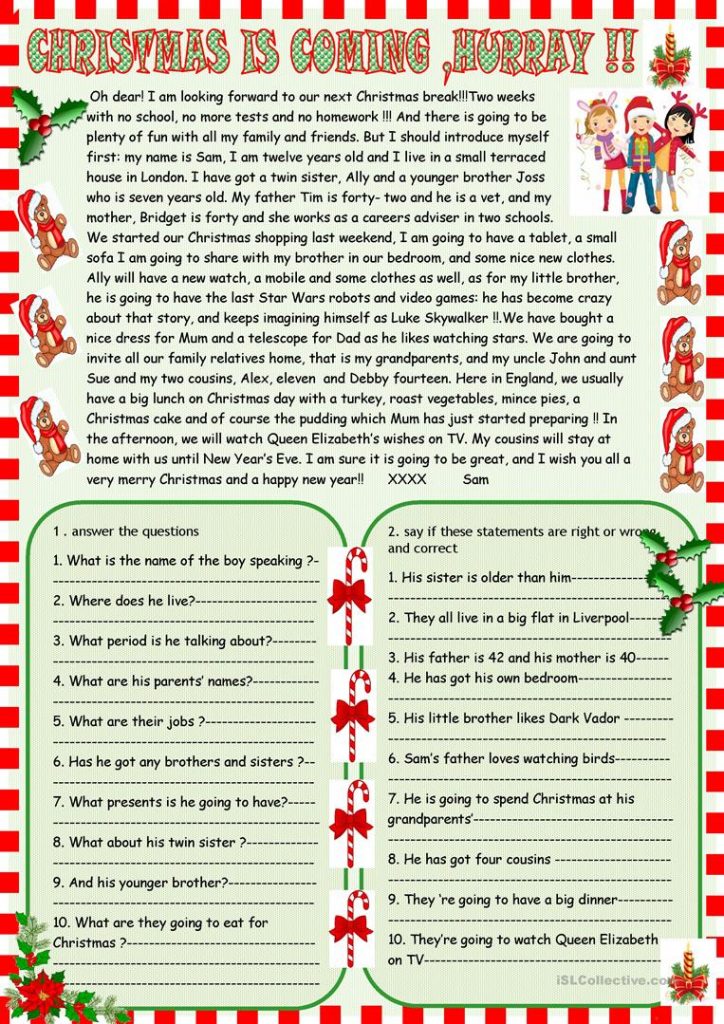 Christmas Is Coming Reading Comprehension English ESL