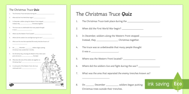 Christmas Truce 1914 Quiz Worksheet Worksheet