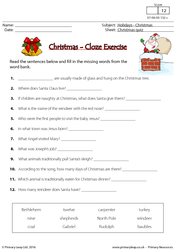 Christmas Worksheet Cloze Exercise Christmas Worksheets 