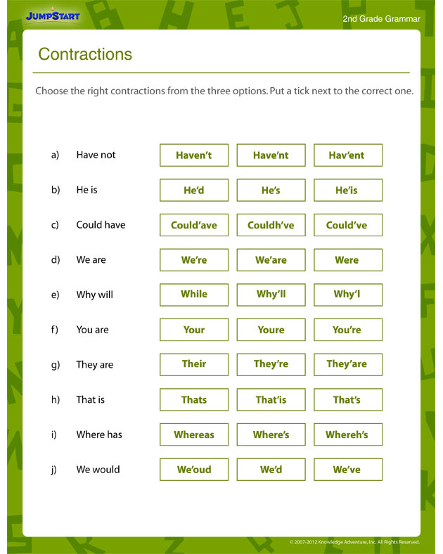 Contractions Free 2nd Grade Grammar Worksheets On 