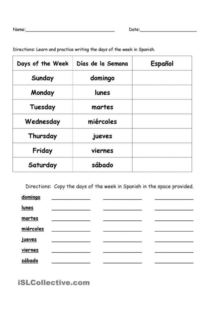 Days Of The Week In Spanish Kindergarten Worksheets