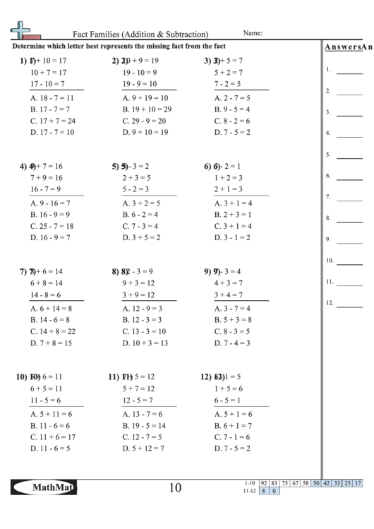 Fact Families Addition Subtraction Worksheet With Answer 