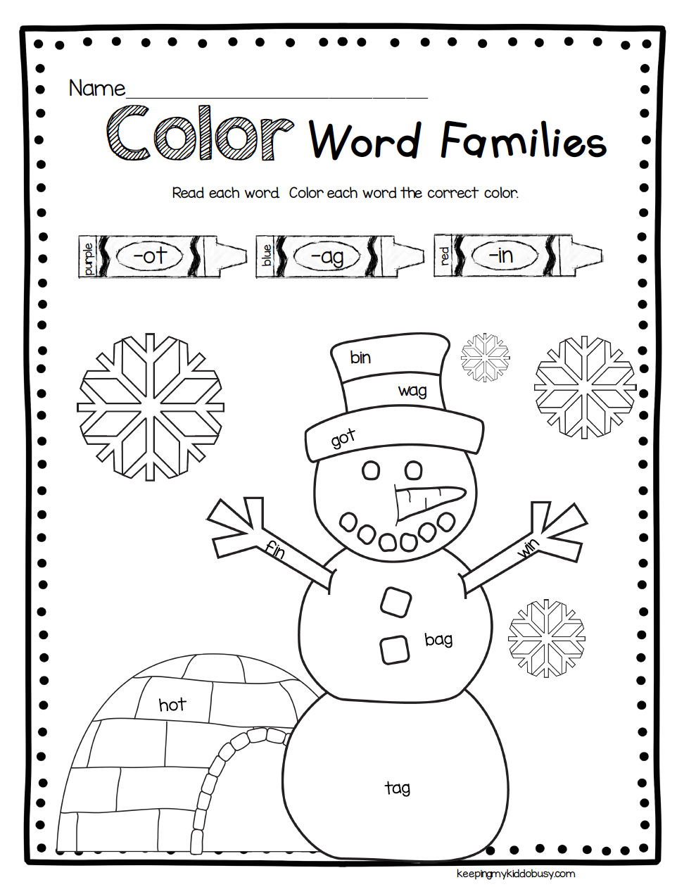 Free Color The Snowman By Word Families Page Click 