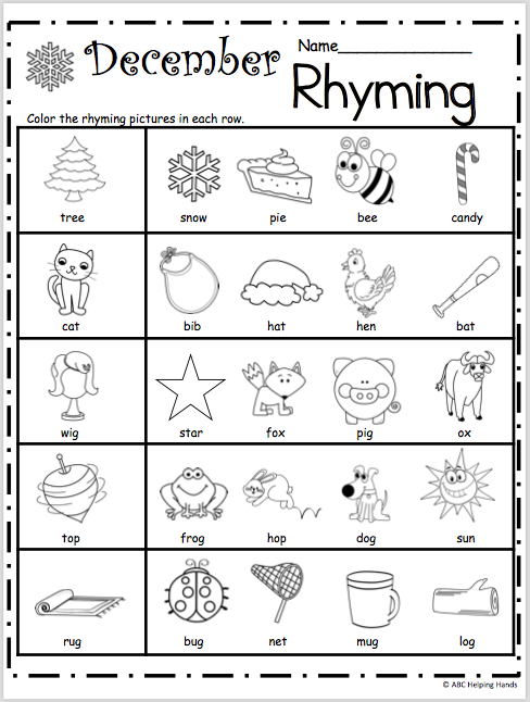 Free Kindergarten Rhyming Worksheets For December Made