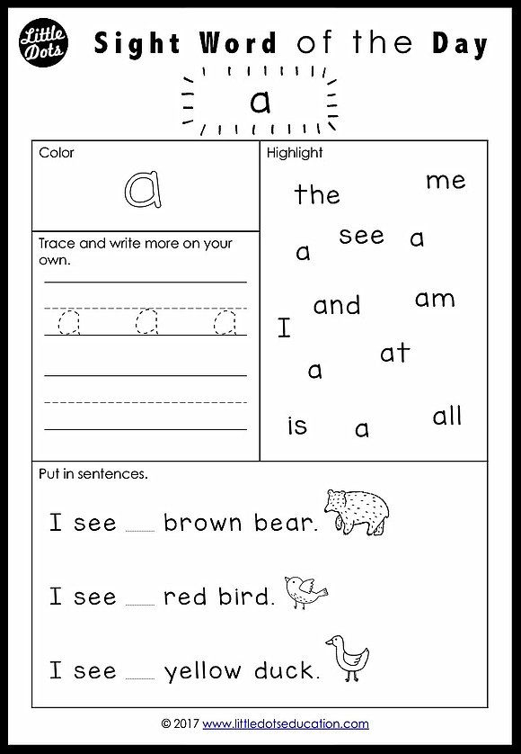 Free Pre K Dolch Sight Words Worksheets Set 1 