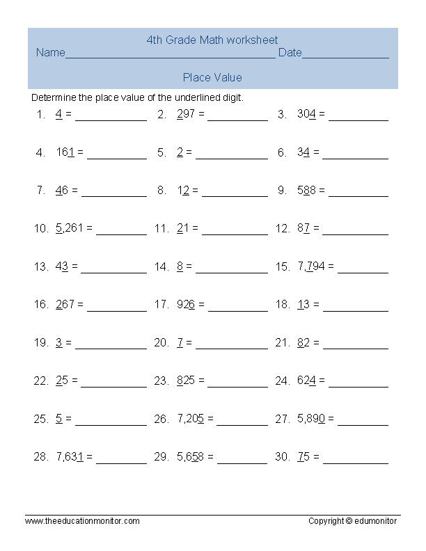 Free Printable 4th Grade Place Value Math Worksheet 
