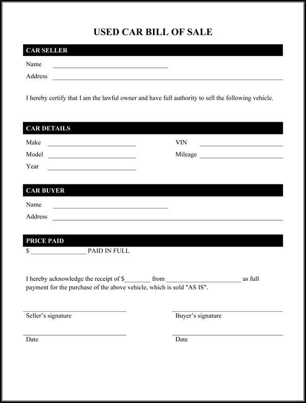 Free Printable Auto Bill Of Sale Form GENERIC 