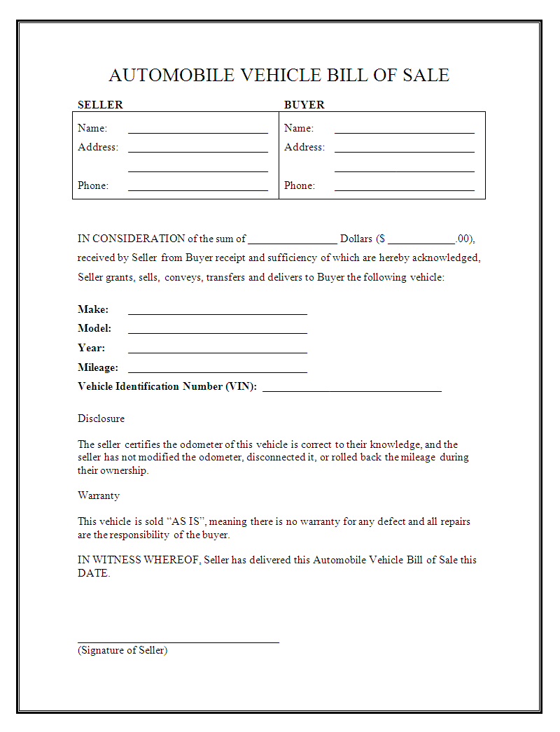 Free Printable Auto Bill Of Sale Form GENERIC 