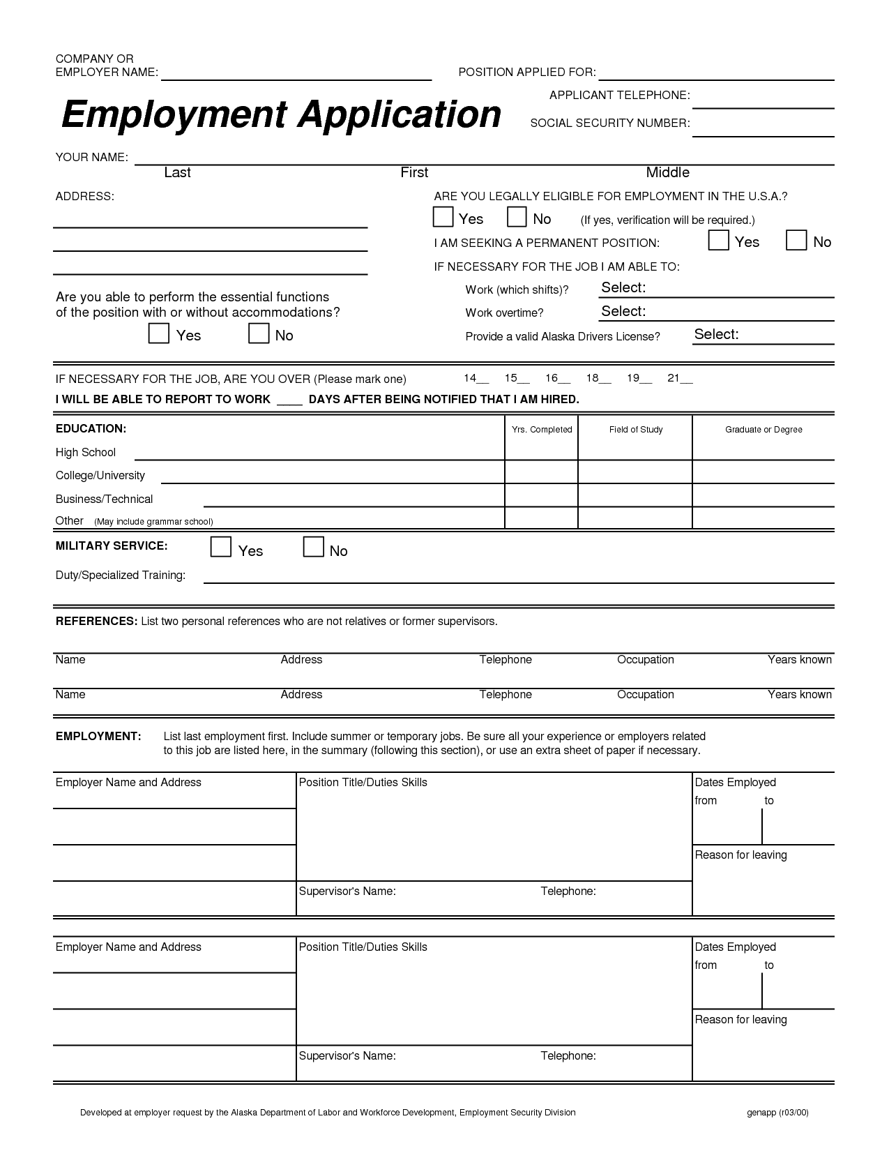 Free Printable Employment Application Employment 