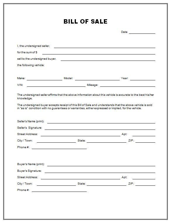 Free Printable Free Car Bill Of Sale Template Form GENERIC