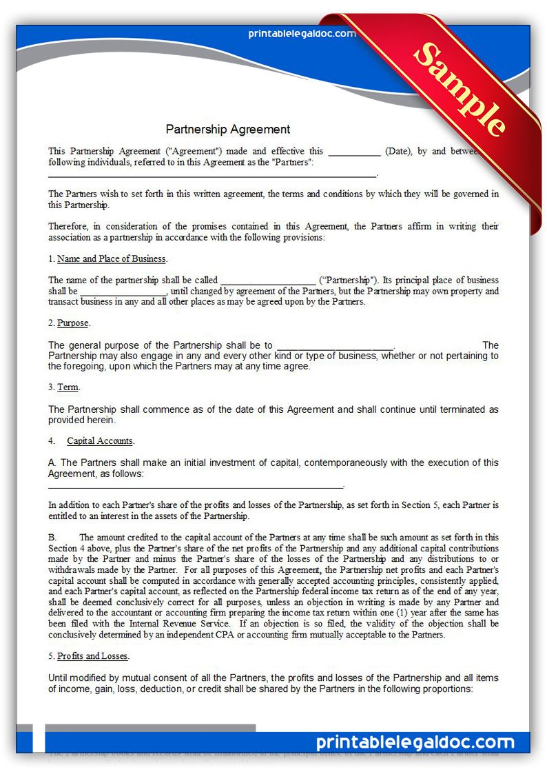 Free Printable Partnership Agreement Legal Forms 