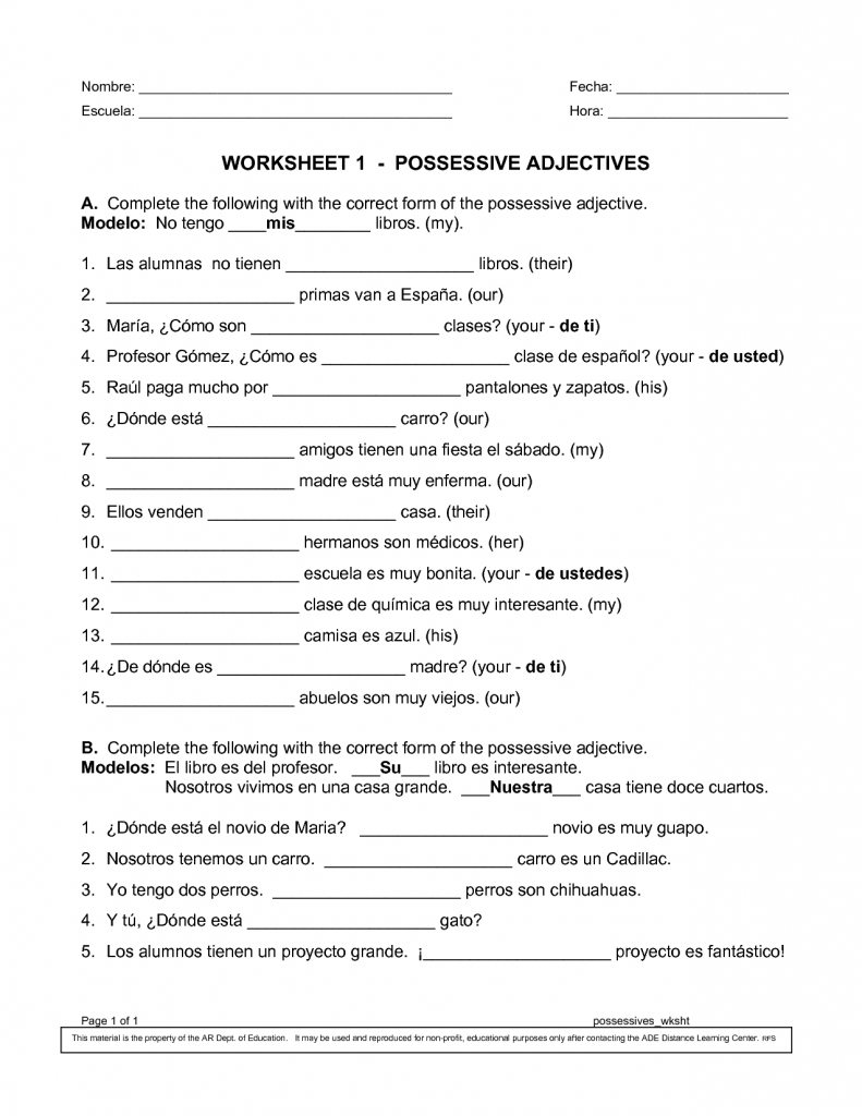 French Possessive Adjectives Worksheet Answers Intrepidpath