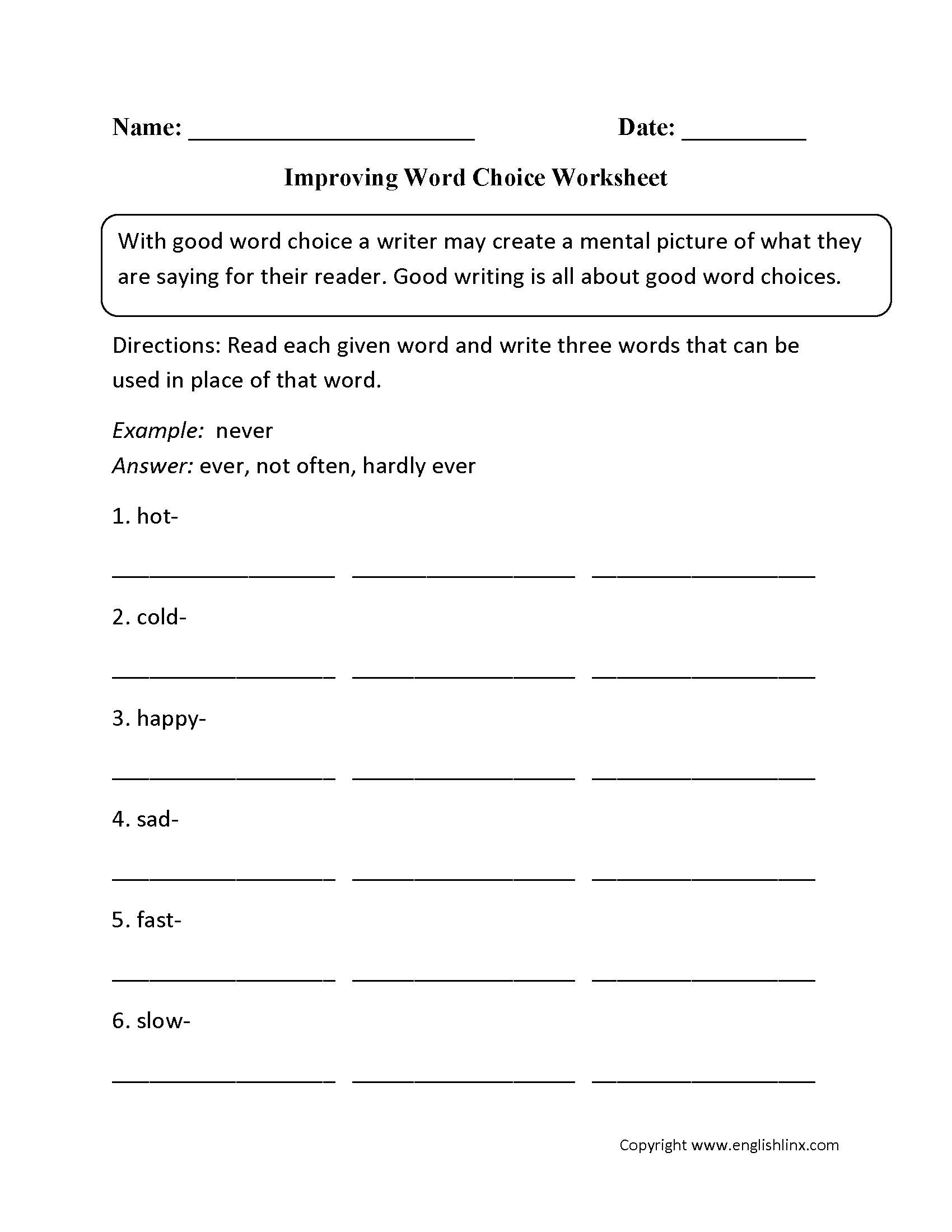 Improving Word Choice Worksheet Grammar Worksheets Word 