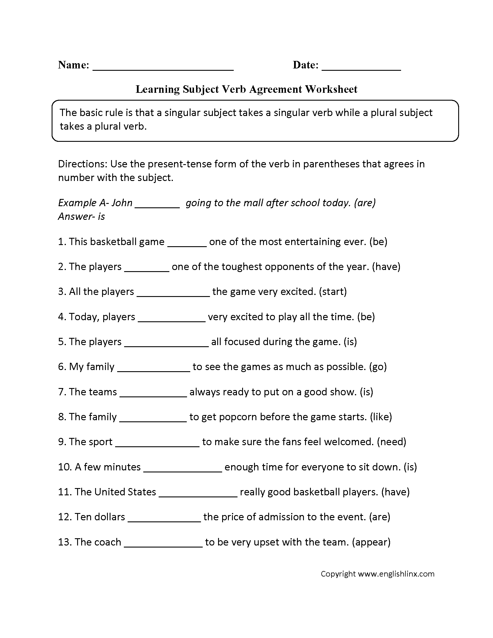 Learning Subject Verb Agreement Worksheet Verb 