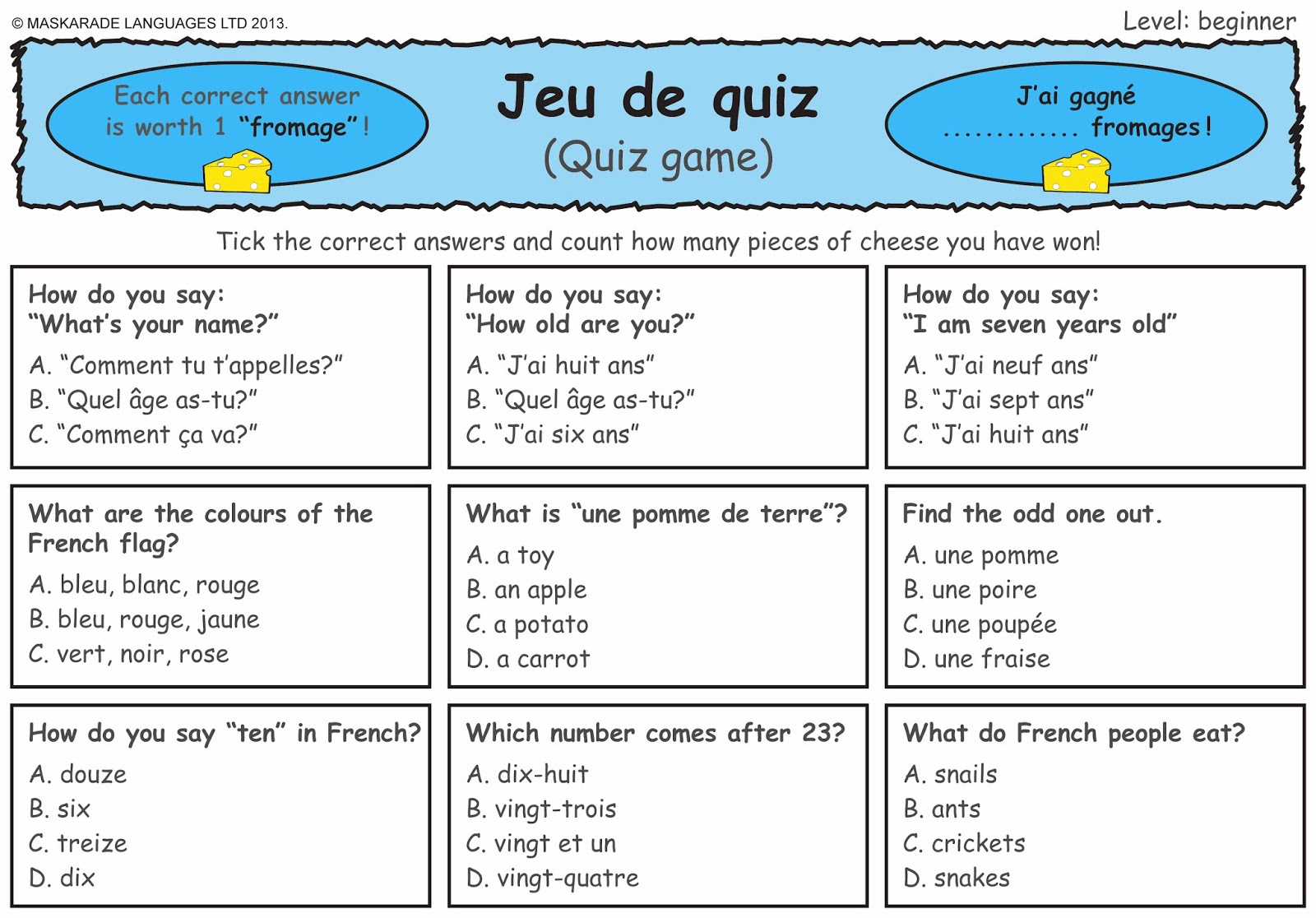 MASKARADE LANGUAGES French Quiz Level Beginner 