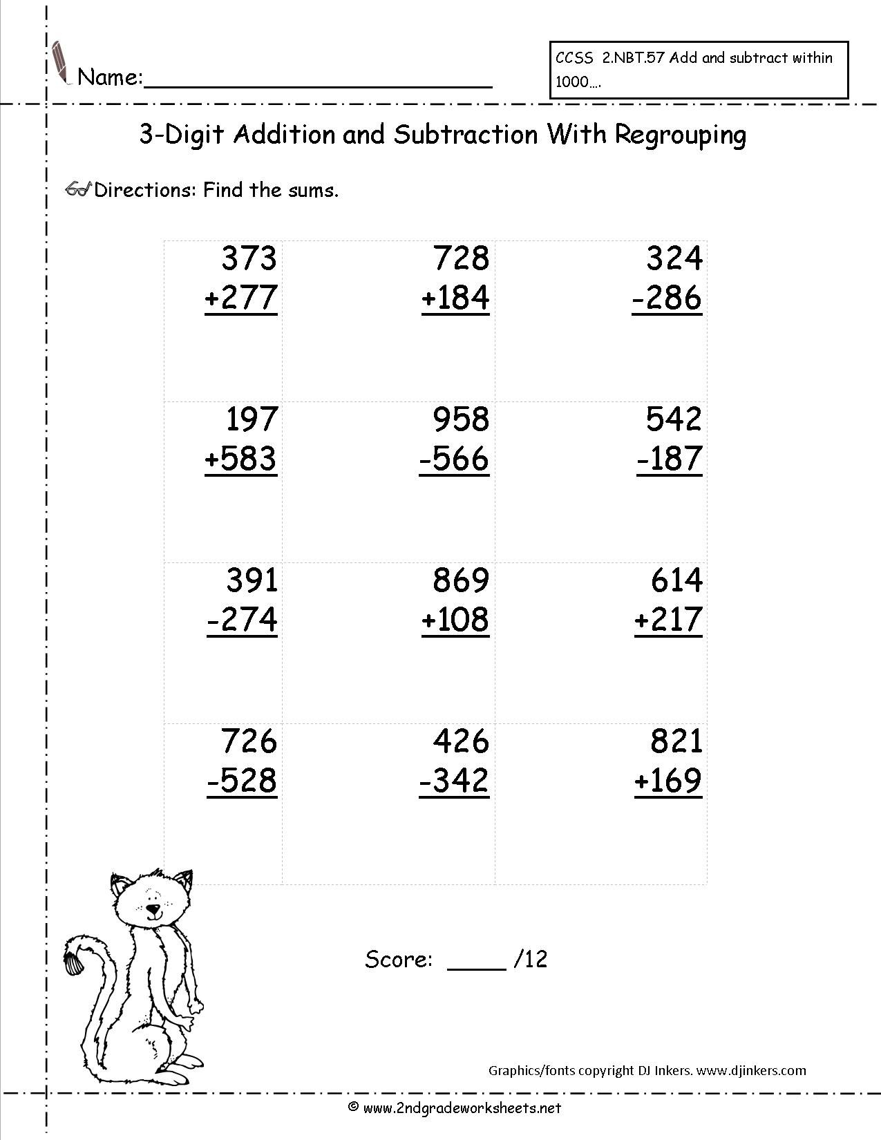 Math Worksheets Adding And Subtracting Three Digit Numbers 