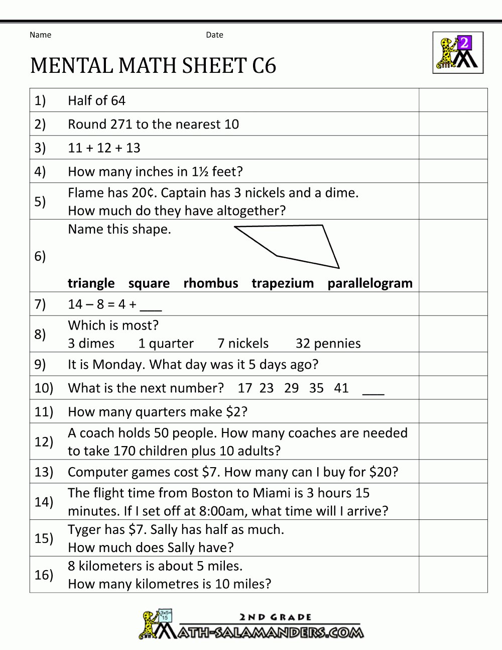 Mental Math Worksheet 2nd Grade
