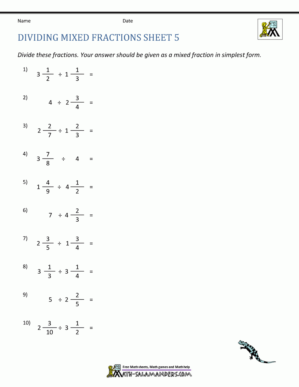 Multiplying And Dividing Fractions And Mixed Numbers 