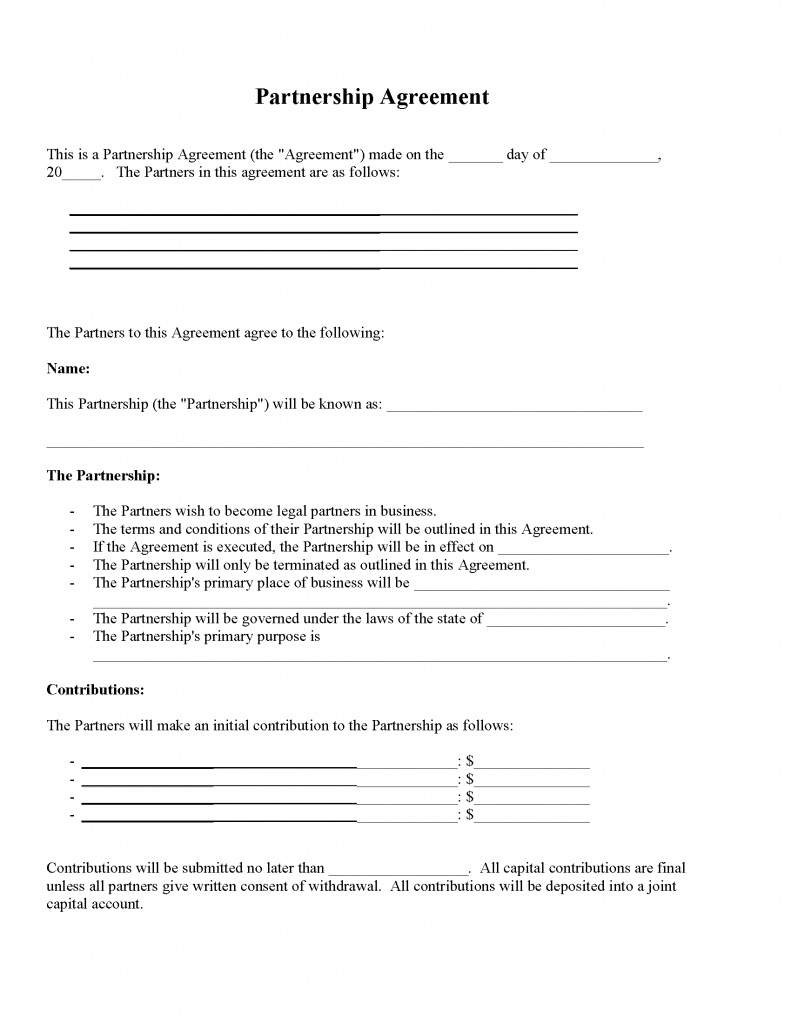 Partnership Agreement Forms Free Printable Legal Forms