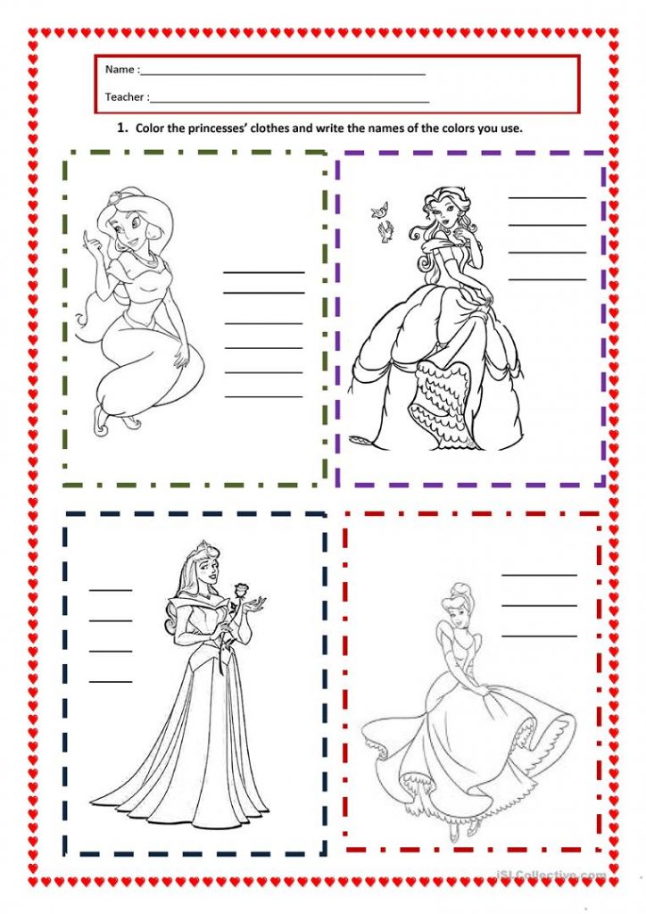 Princesses Colors Worksheet Free ESL Printable