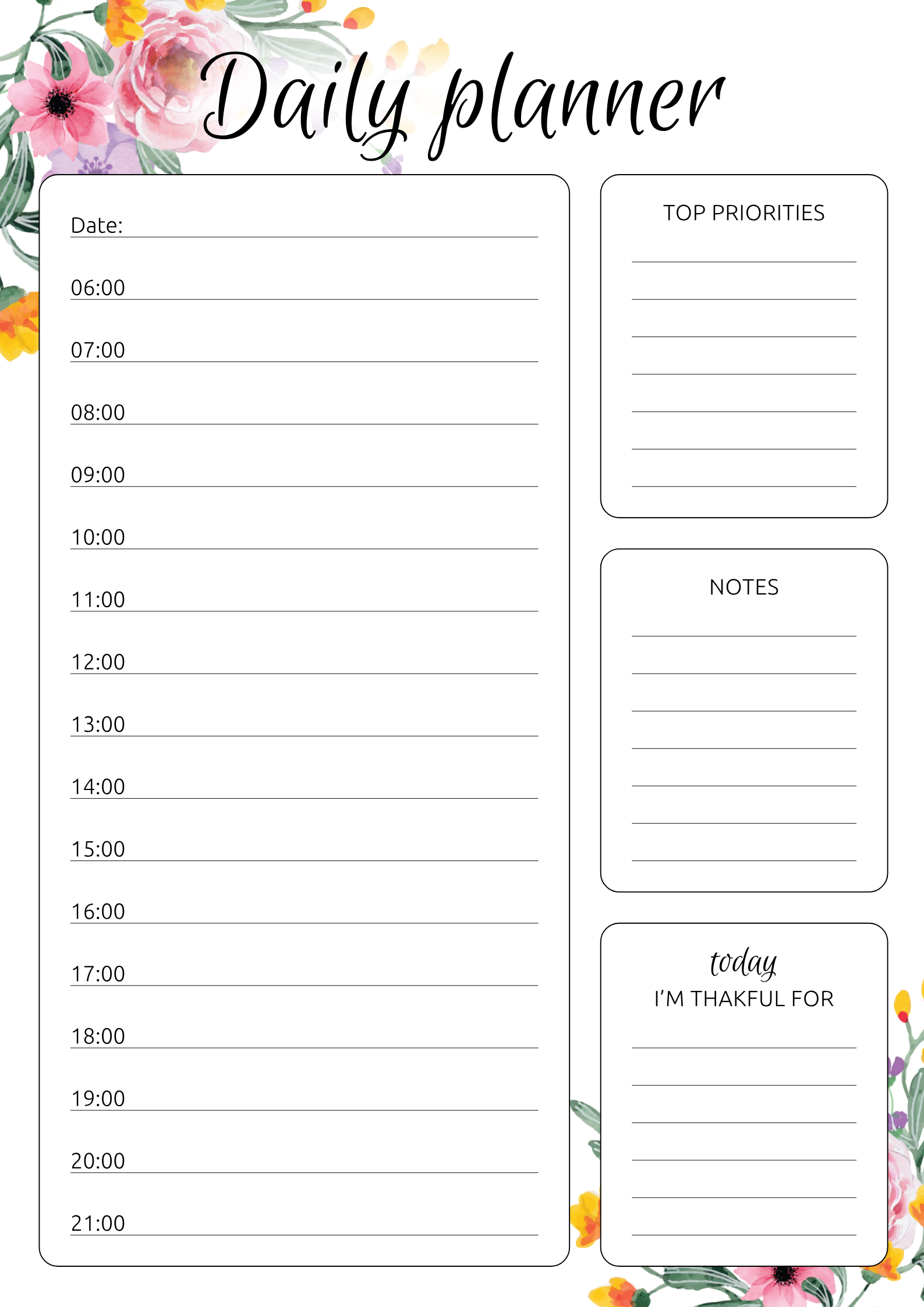 Printable Daily Hourly Planner With Flowers PDF Download