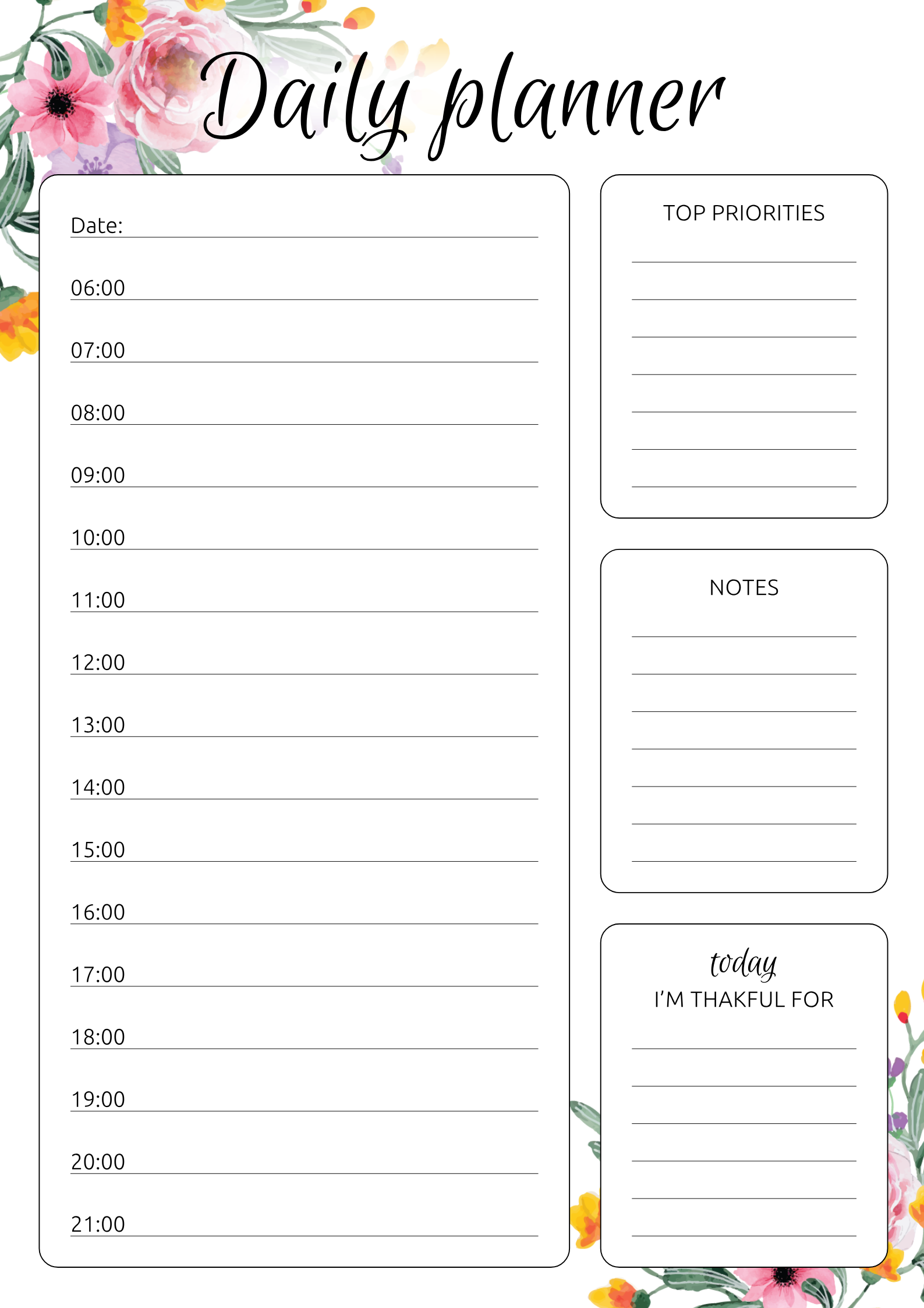 Printable Daily Hourly Planner With Flowers PDF Download 