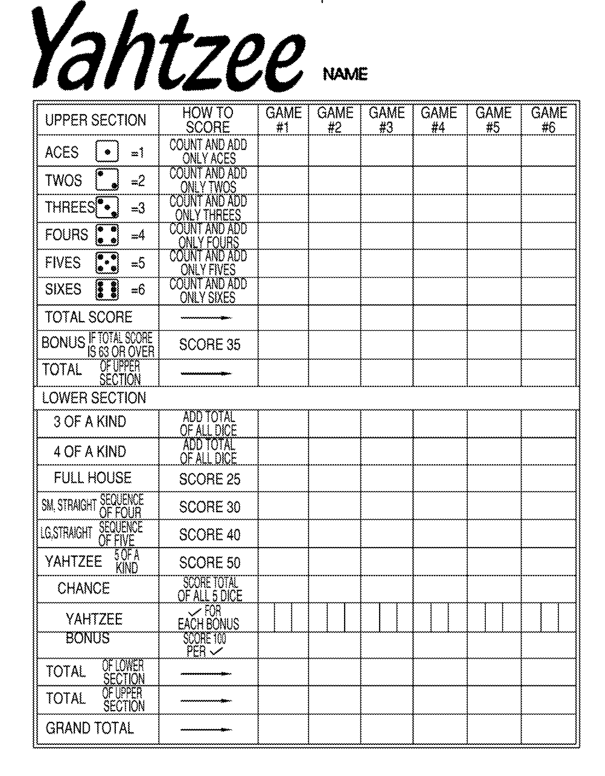Printable Yahtzee Score Sheets Card HD