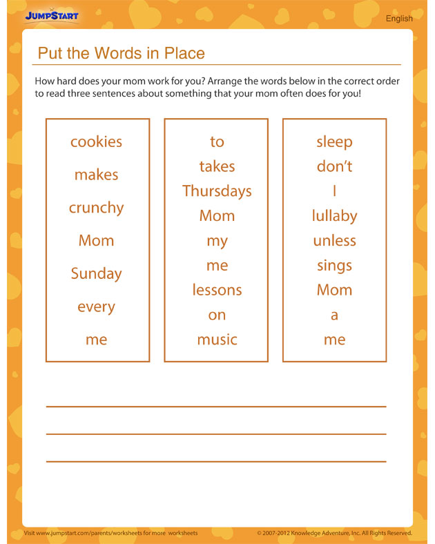 Put The Words In Place Free English Grammar Worksheet 