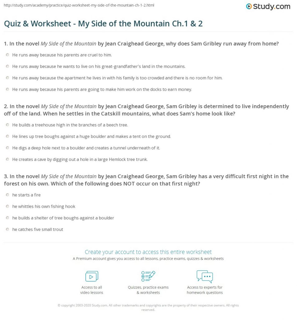 Quiz Worksheet My Side Of The Mountain Ch 1 2
