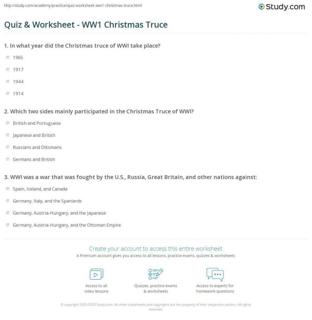 Quiz Worksheet WW1 Christmas Truce Study