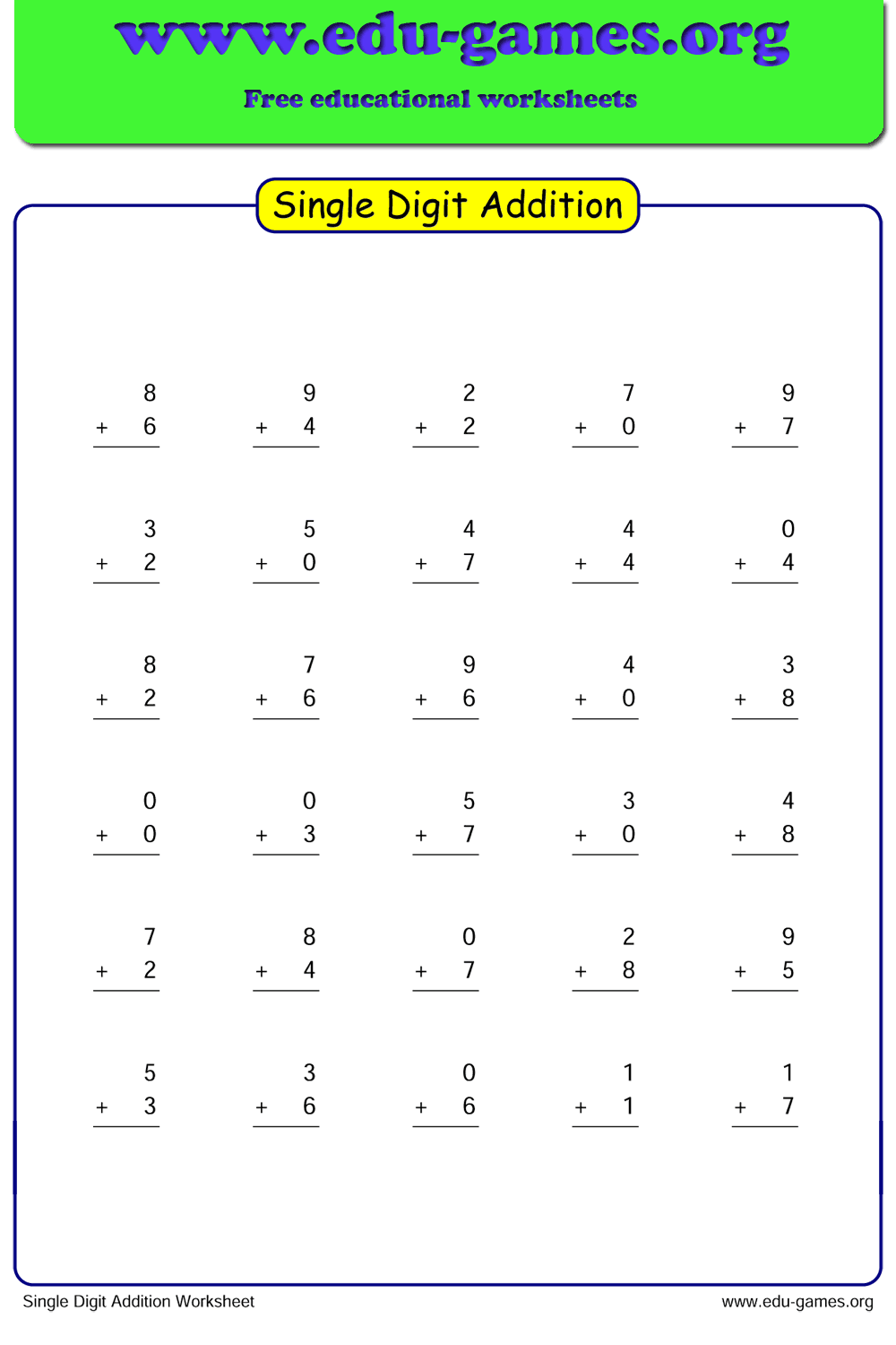 Single Digit Addition Worksheet Generator Grade 1 The