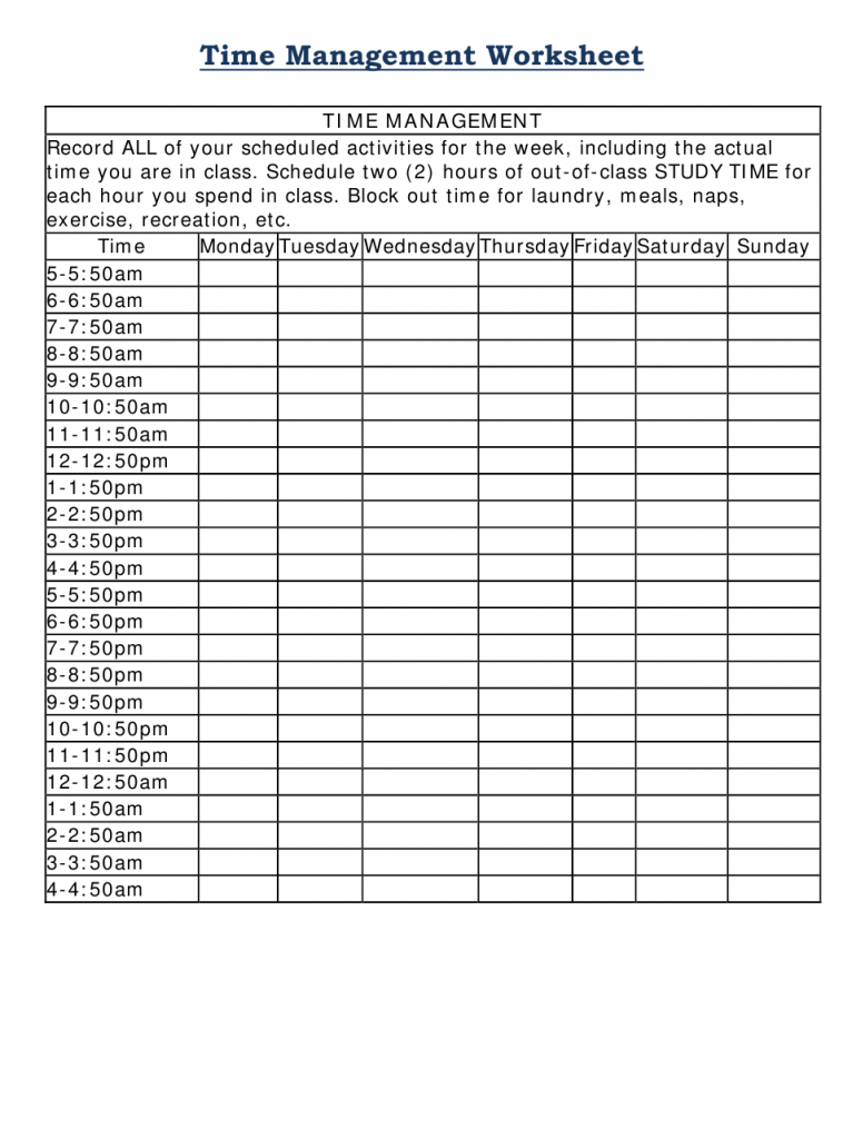 Time Management Worksheet For Students Download Printable