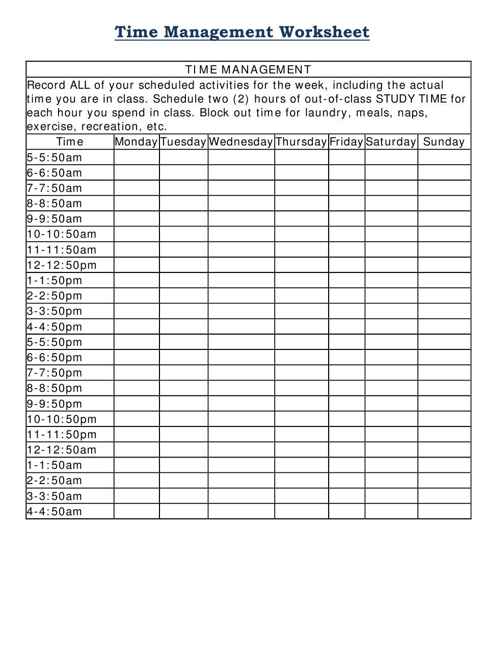Time Management Worksheet For Students Download Printable 