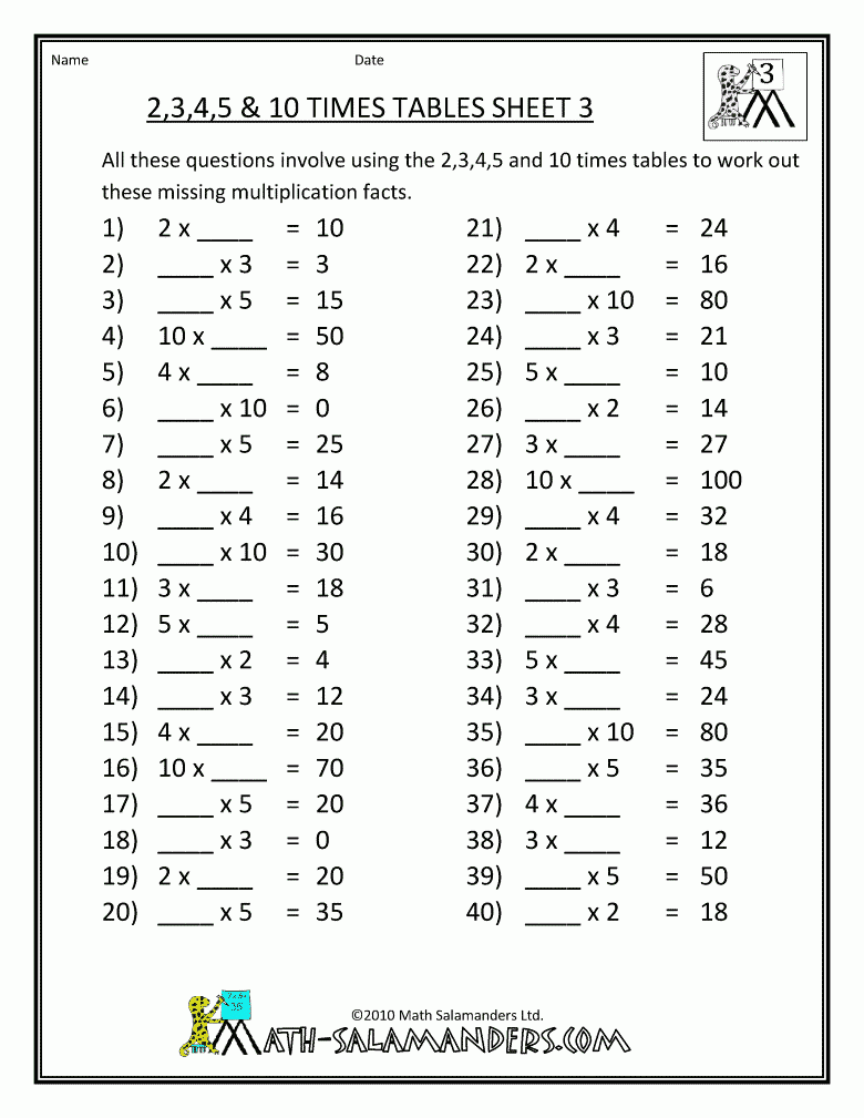 Times Tables Worksheets From Mathsalamanders Numbers 