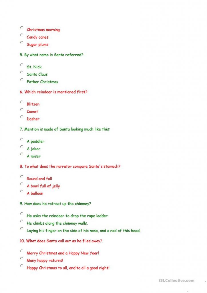  Twas The Night Before Christmas Comprehension Questions 