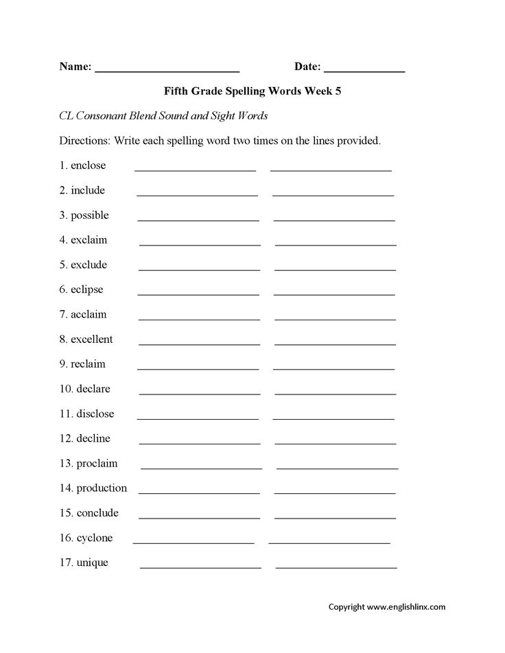 Week 5 CL Consonant Fifth Grade Spelling Worksheets 