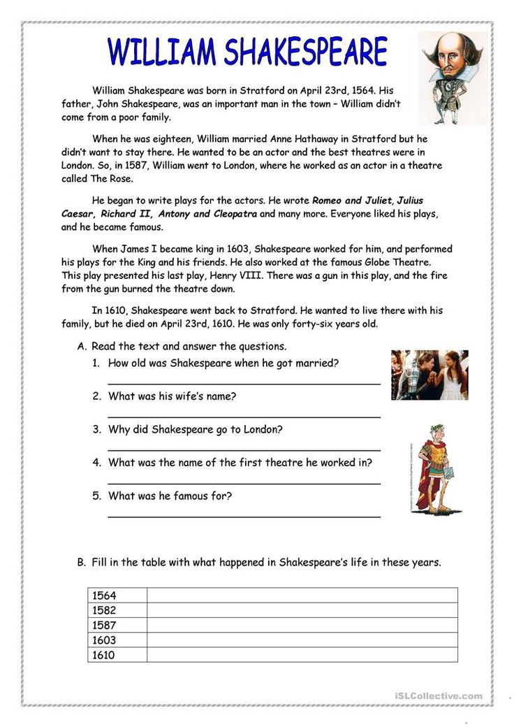 William Shakespeare Reading Comprehension Worksheets 