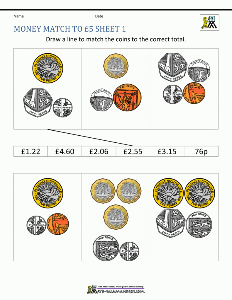 Year 3 Money Worksheets To 5