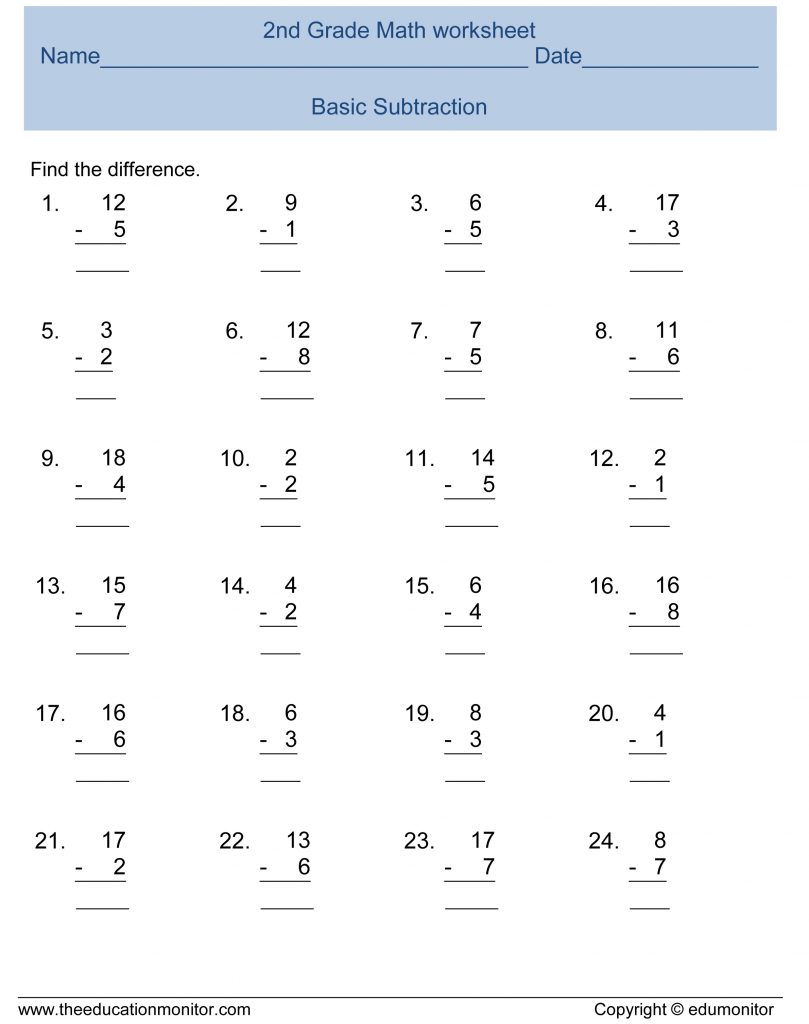 Printable 2nd Grade Math Worksheets Subtraction ...