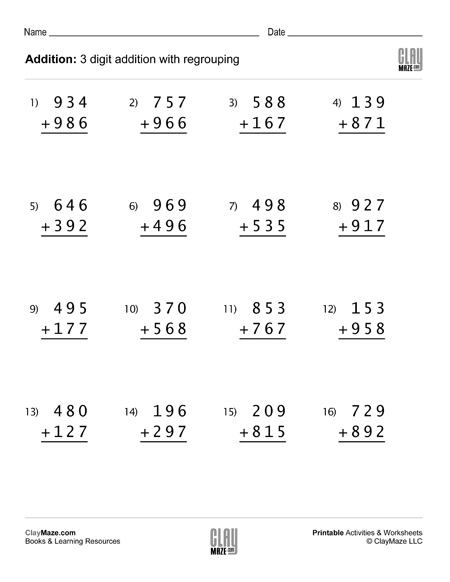 3 Digit Addition Worksheet With Regrouping Set 1 