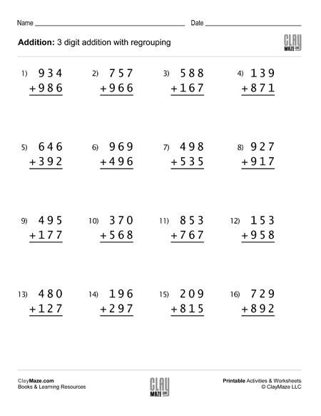 3 Digit Addition Worksheet With Regrouping Set 1 