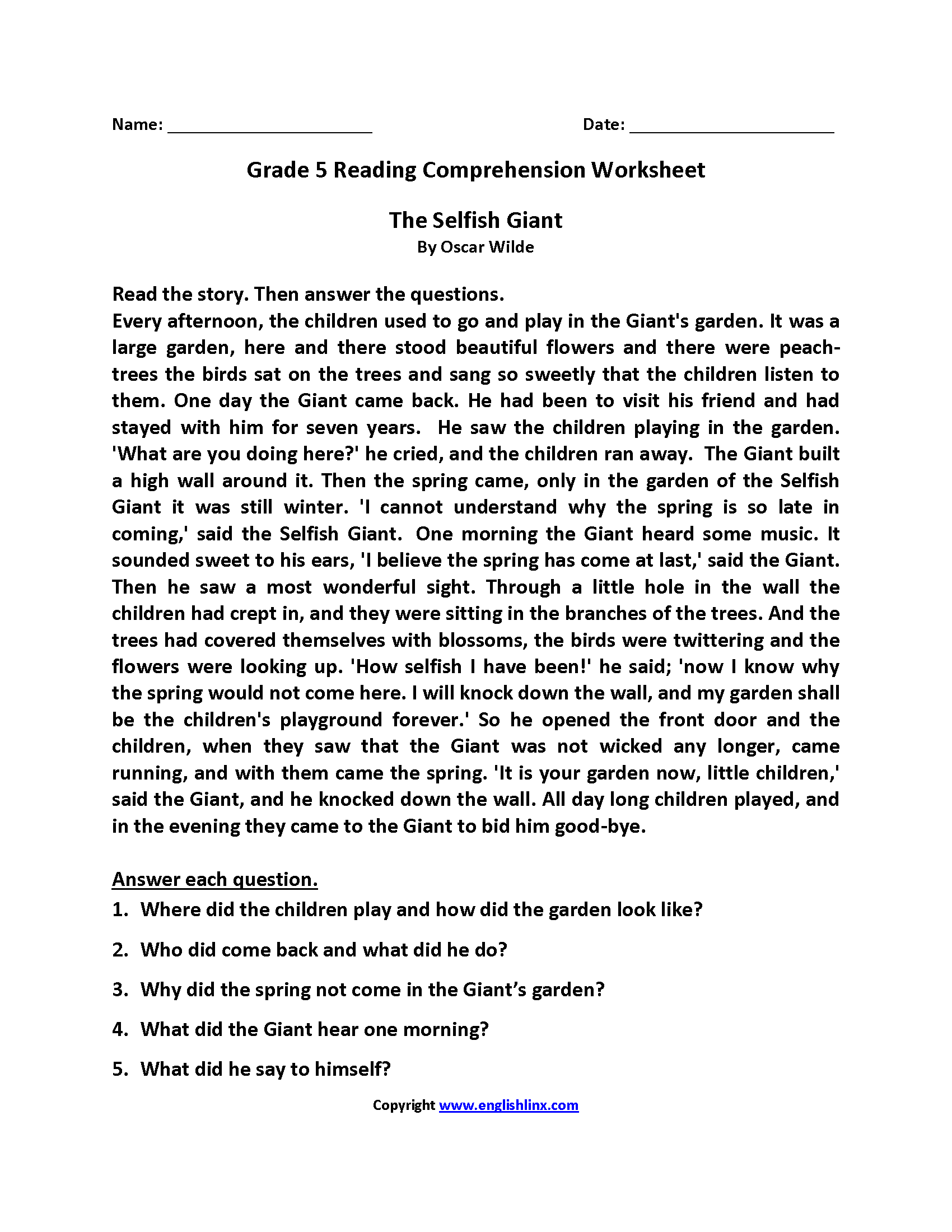 5th Grade Multiple Choice Reading Comprehension Worksheets 